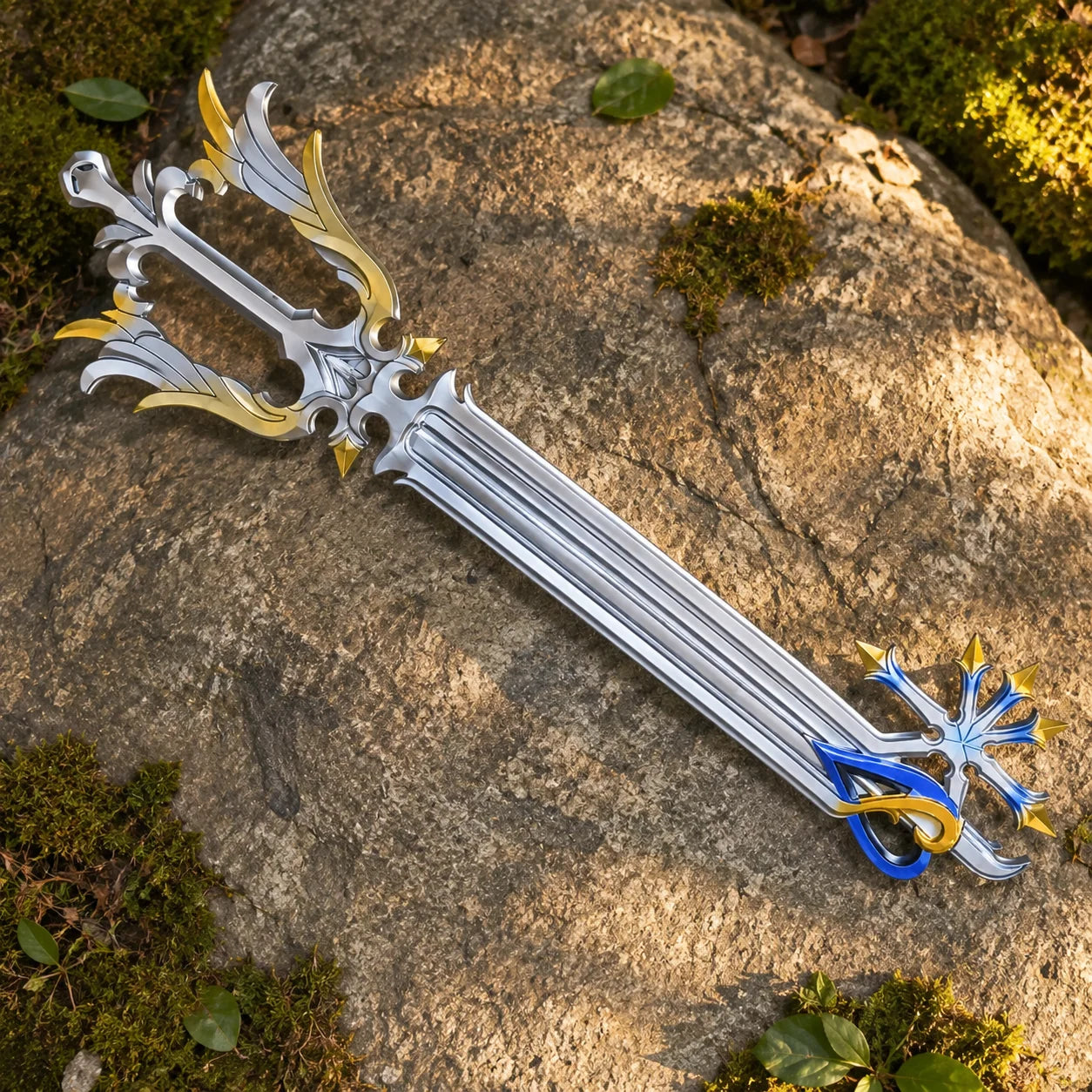 Close-up of Oathkeeper Keyblade dull display edge blade detail Kingdom Hearts prop replica