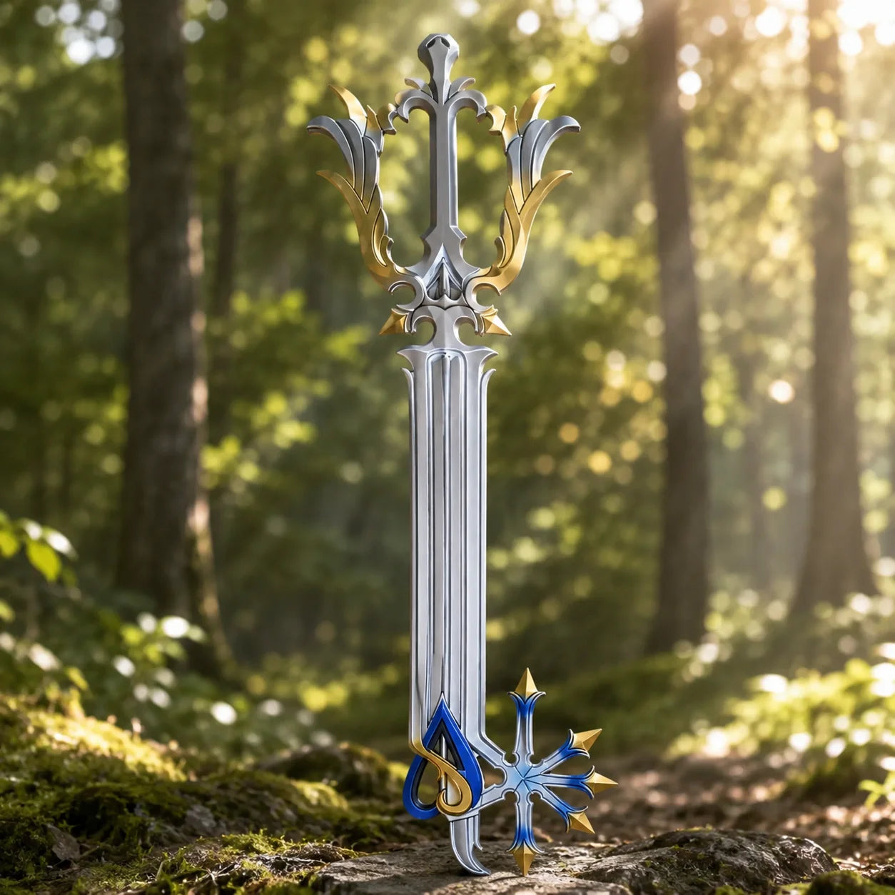Kingdom Hearts Oathkeeper Keyblade prop replica standing upright in forest display collectible