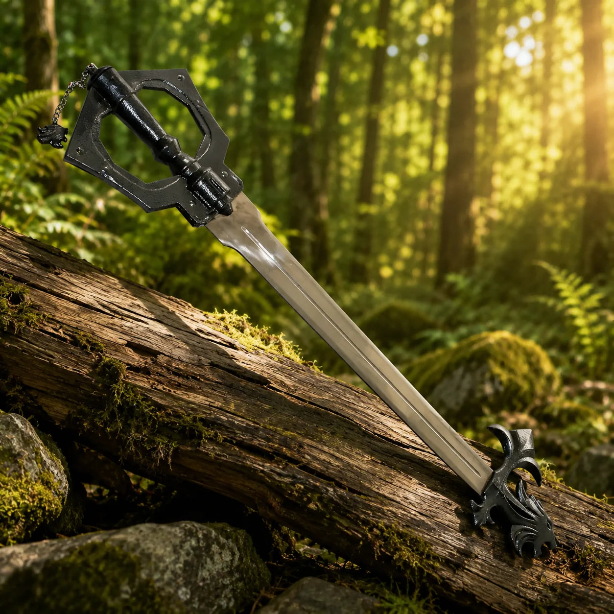 Sleeping Lion Keyblade prop replica displayed on mossy rock – Kingdom Hearts fan collectible