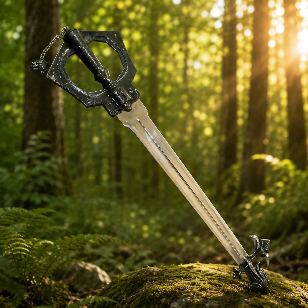 Sleeping Lion Keyblade prop replica standing upright in forest – Kingdom Hearts cosplay display piece