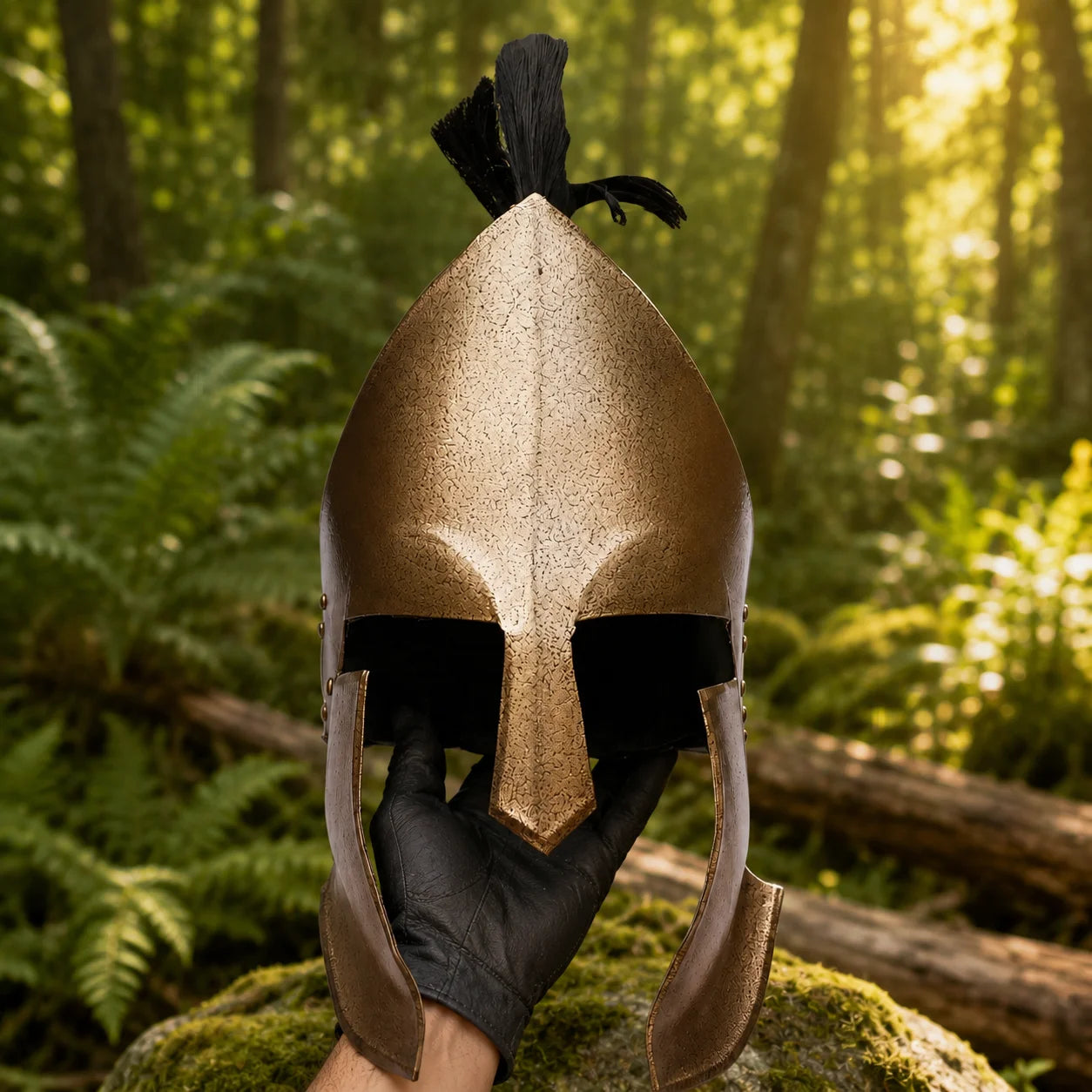 Spartan 300 Movie Helmet Replica with black horsehair crest displayed in a lush green forest environment