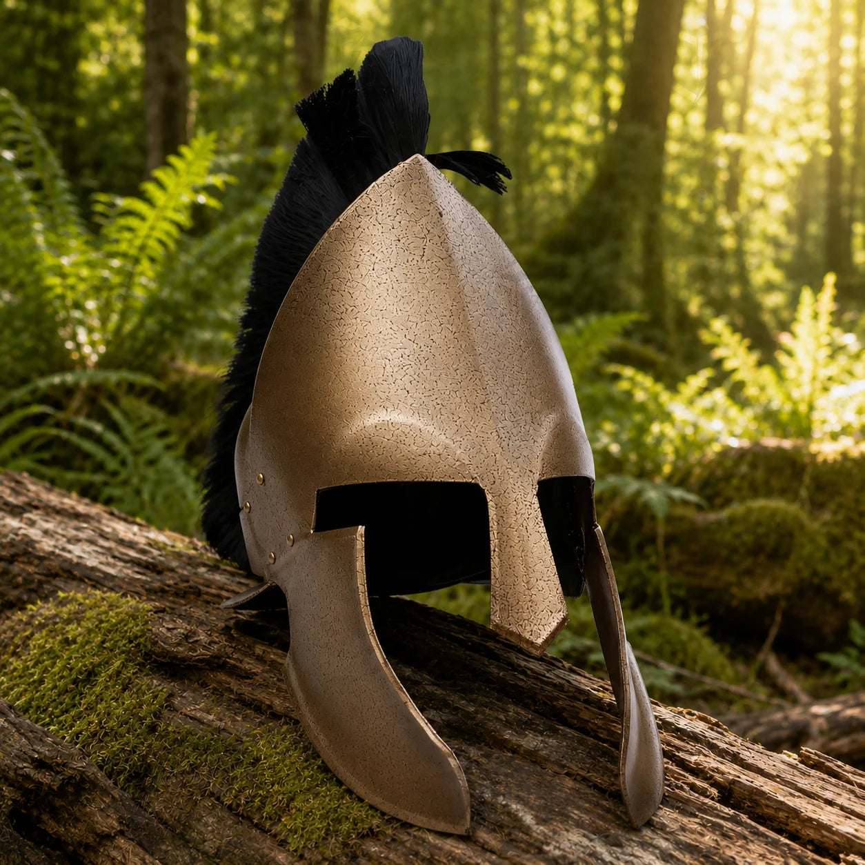 Close-up side profile of Spartan 300 Movie Helmet Replica showing detailed black horsehair crest and bronze texture