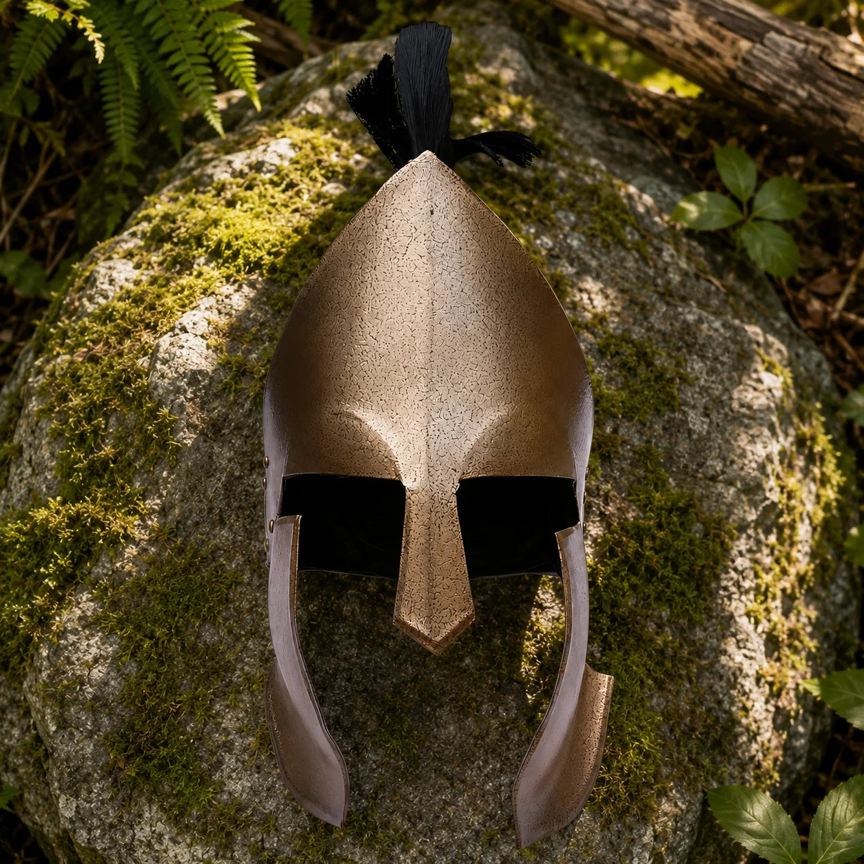 Spartan 300 Movie Helmet Replica with black crest displayed front-facing on mossy rocks in forest