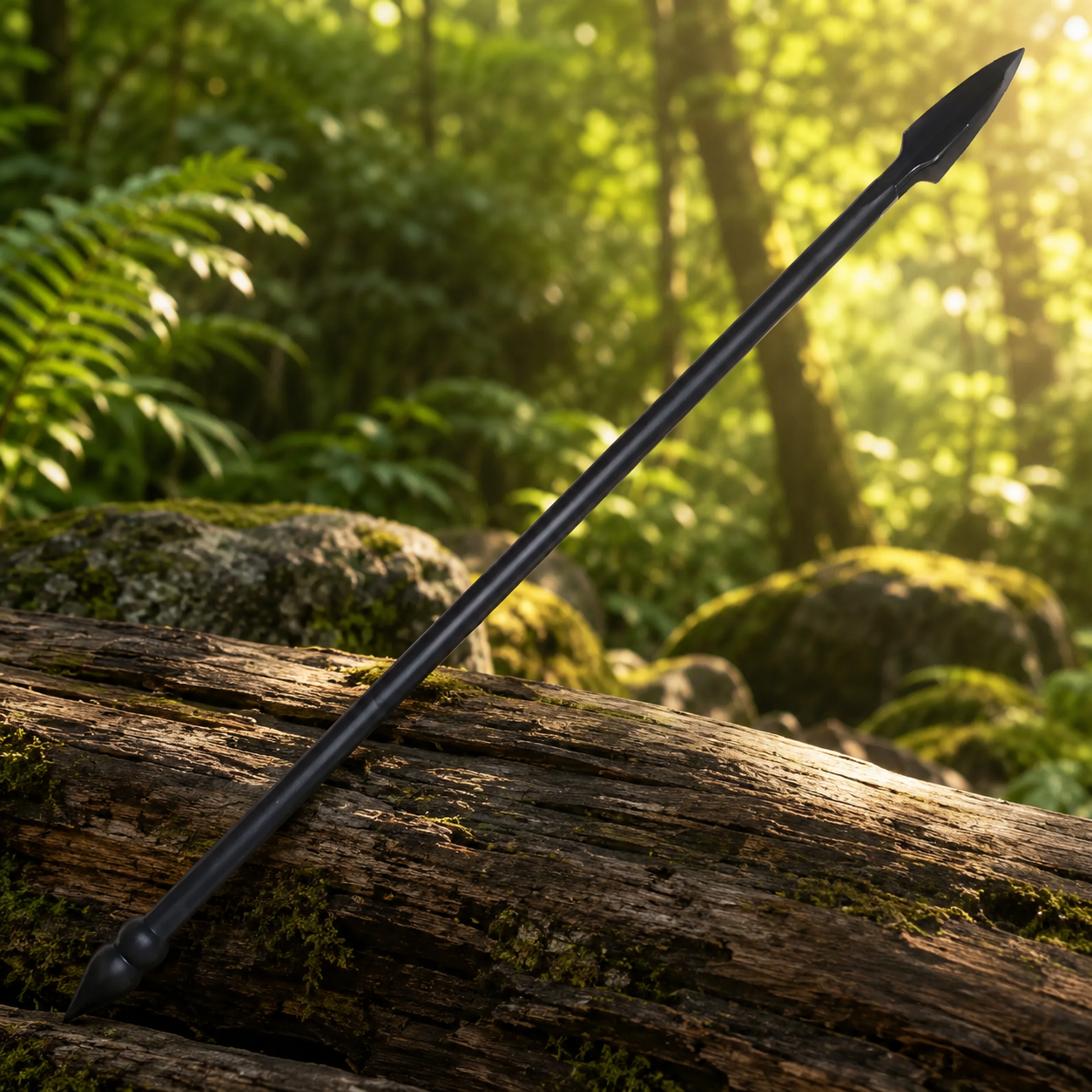 Close-up of spearhead on 300 movie Spartan spear prop replica with matte black display finish