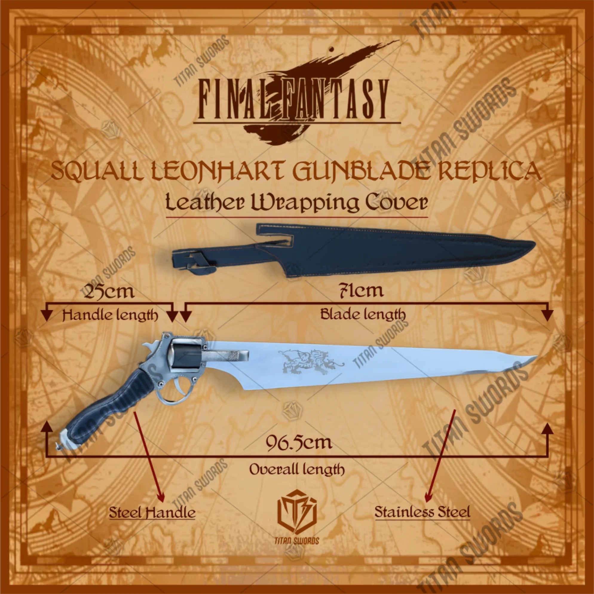Premium Squall Leonhart Lionheart Gunblade Replica (FFVIII) with stainless steel blade.