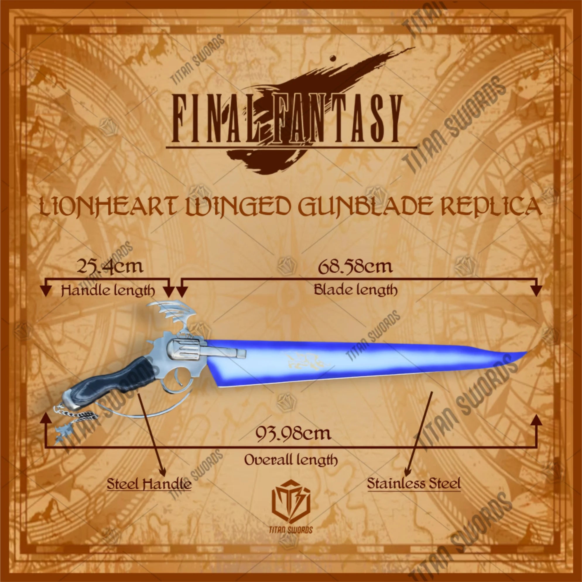 Premium Squall Leonhart Lionheart Winged Gunblade Replica (FFVIII) with stainless steel blade.