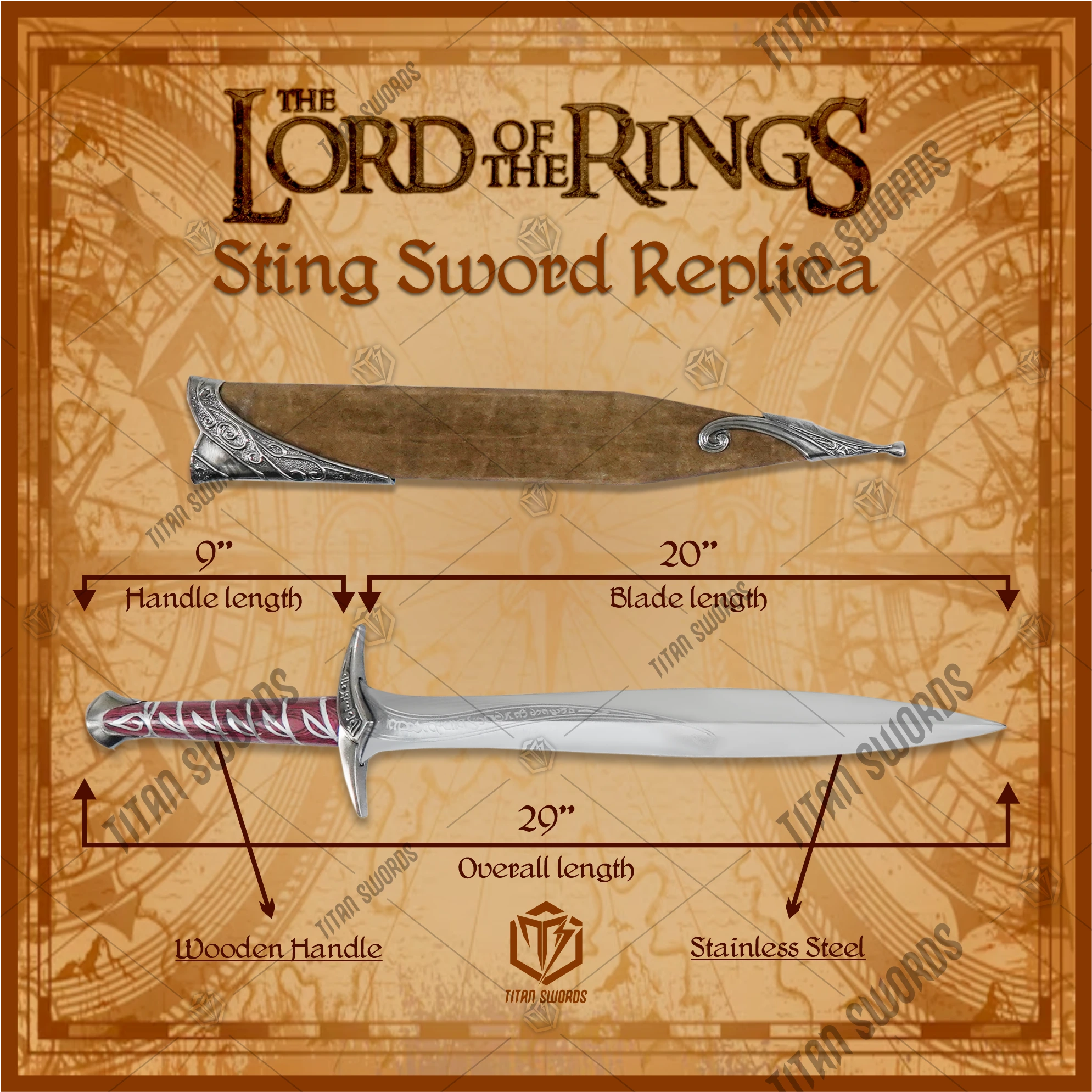 Premium Sting Elven Legacy Sword LOTR Replica with Mahogany Stand