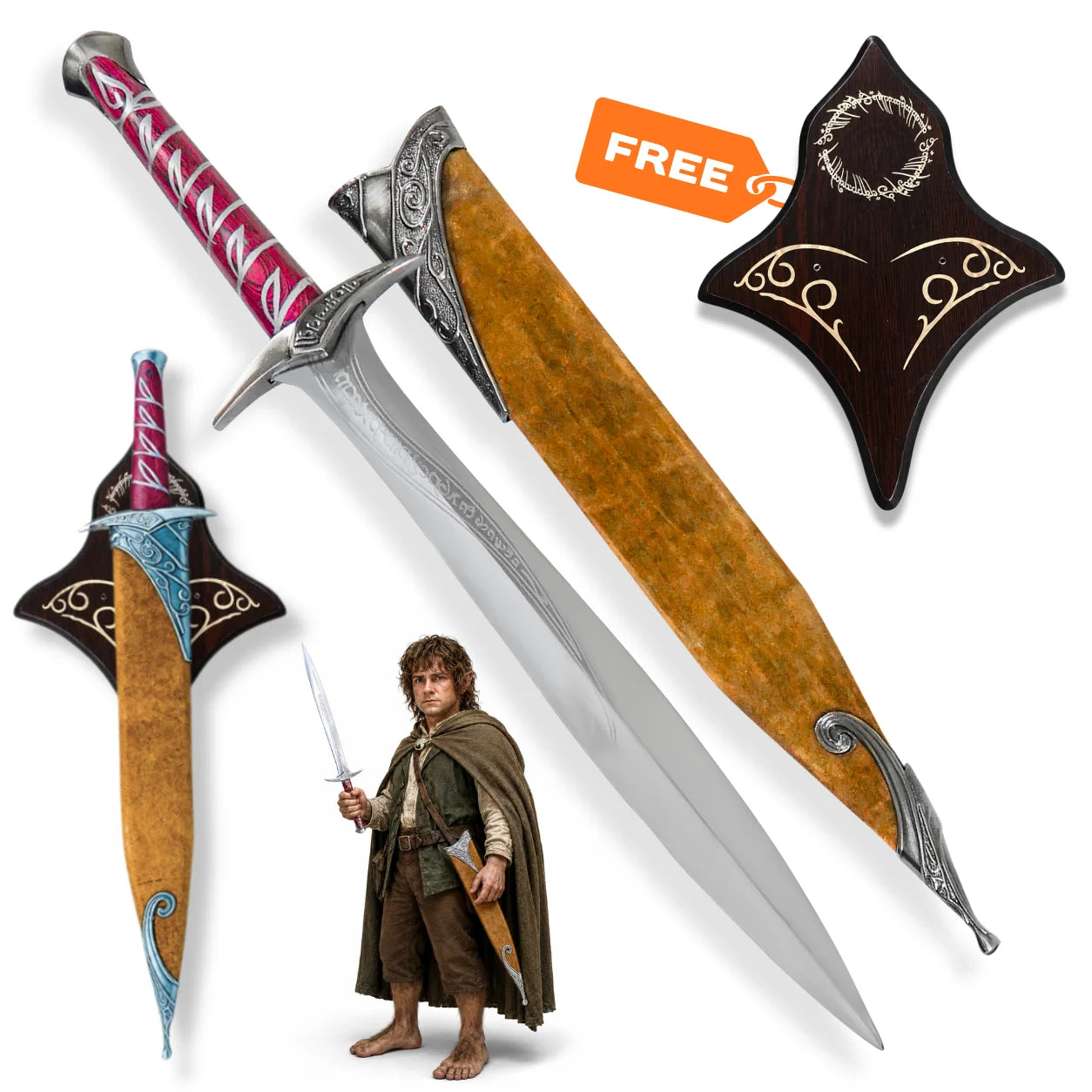 Sting sword LOTR Hobbit prop replica with brown sheath and decorative Elven wall display plaque