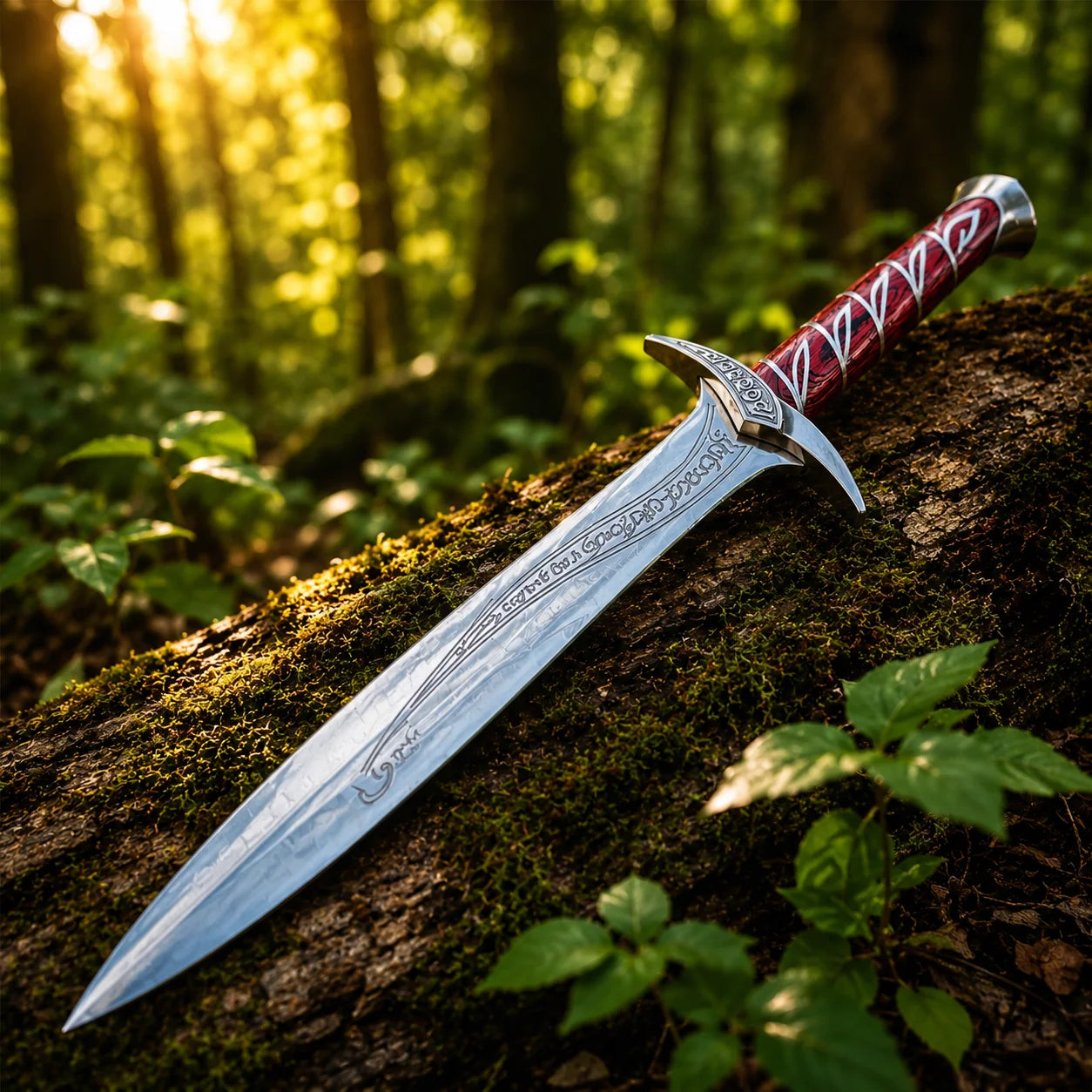 Sting sword prop replica full length with golden scabbard side view on mossy rock in sunlit forest – Frodo Baggins LOTR fan gift