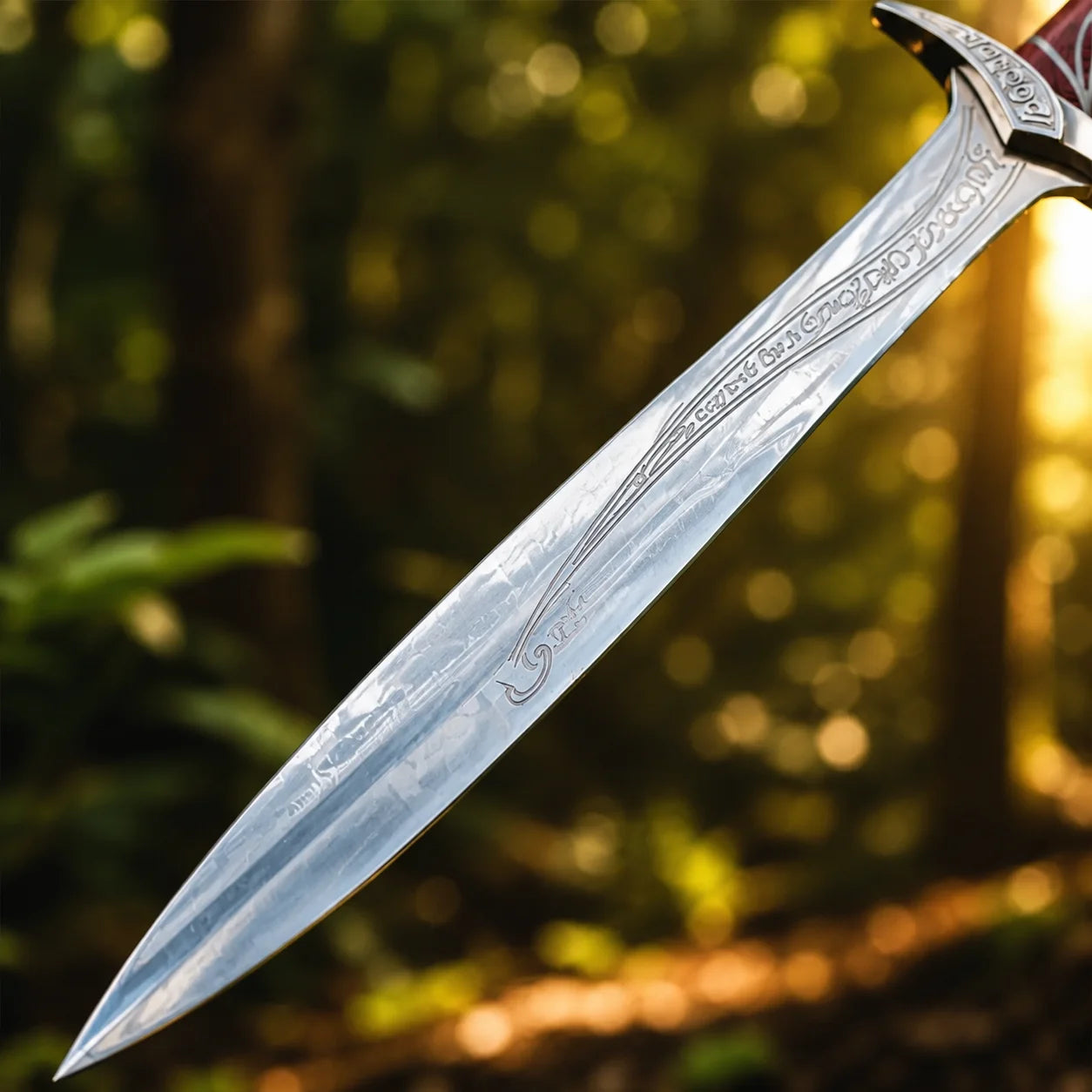 Sting sword prop replica held aloft in gloved hand in sunlit forest showing silver Elvish engraved blade and crimson red grip – LOTR cosplay prop