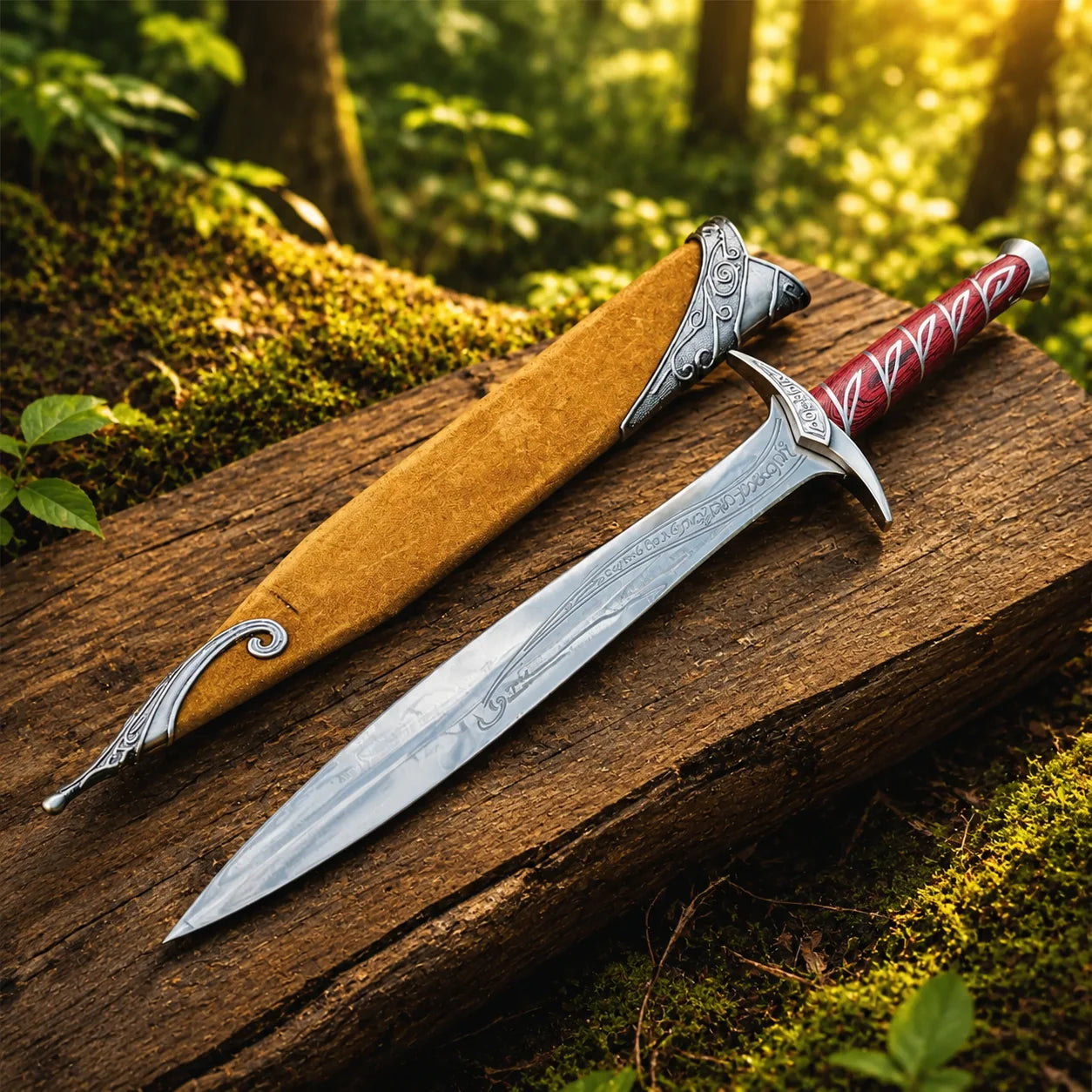 Close-up of Sting sword prop replica polished silver blade with Elvish script engravings in sunlit forest bokeh – LOTR Bilbo Baggins collectible