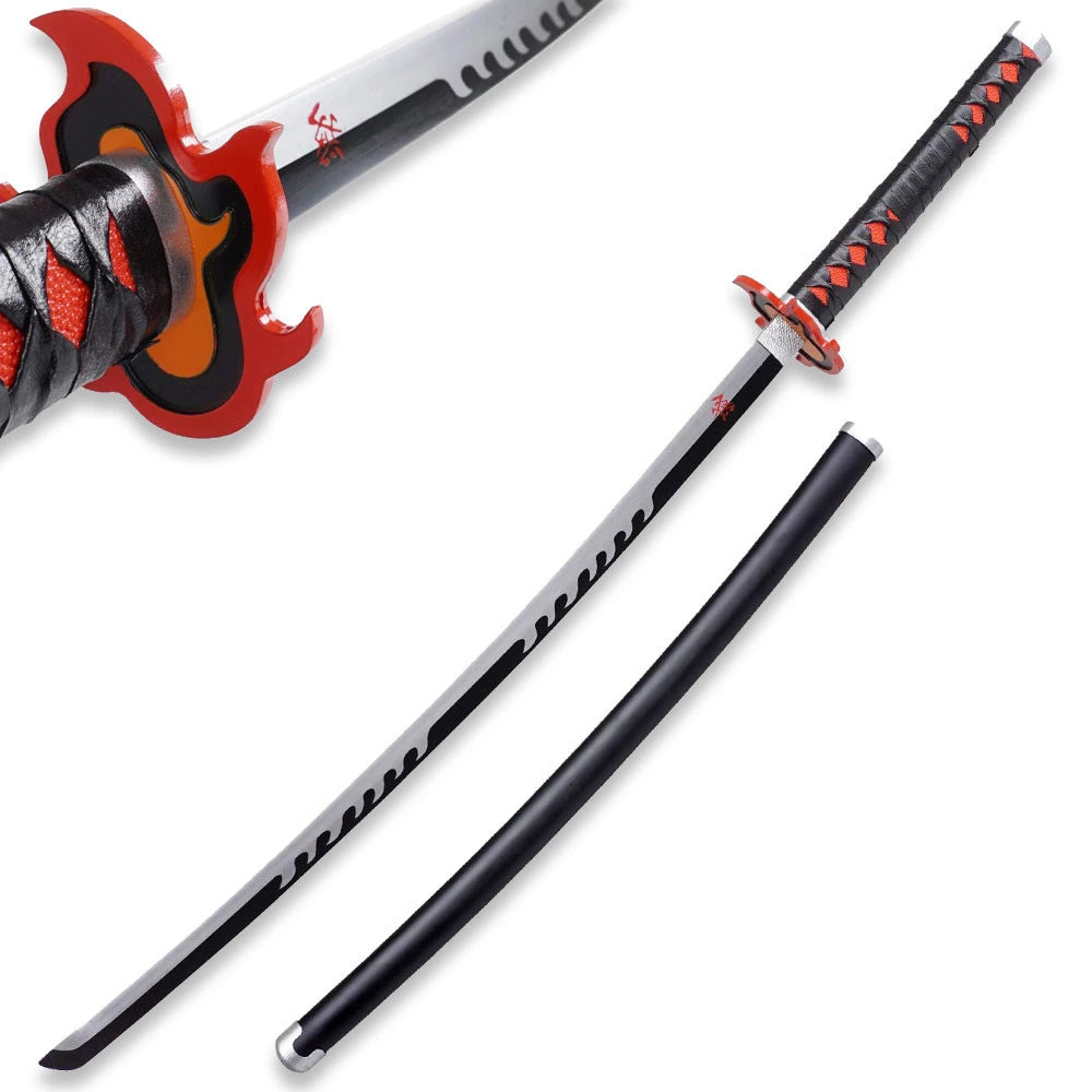 Close-up of the Tanjiro Katana Sword featuring a colourful flame guard, textured grip, and decorative blade pattern