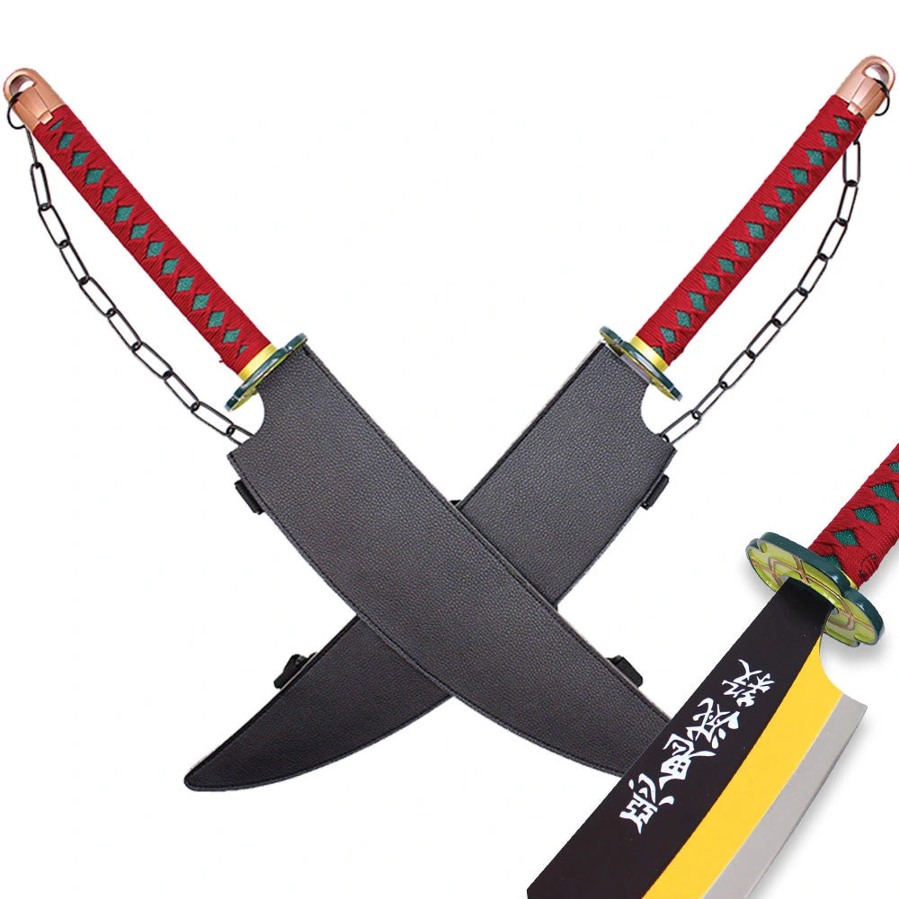 Pair of 31-inch Tengen Uzui swords with decorative chain for Demon Slayer cosplay, conventions, and themed photography
