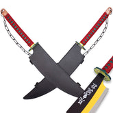 Pair of 31-inch Tengen Uzui swords with decorative chain for Demon Slayer cosplay, conventions, and themed photography