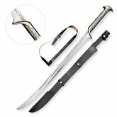 Thranduil Elven sword prop replica full length with black leather scabbard and shoulder belt strap on white background – The Hobbit LOTR collectible