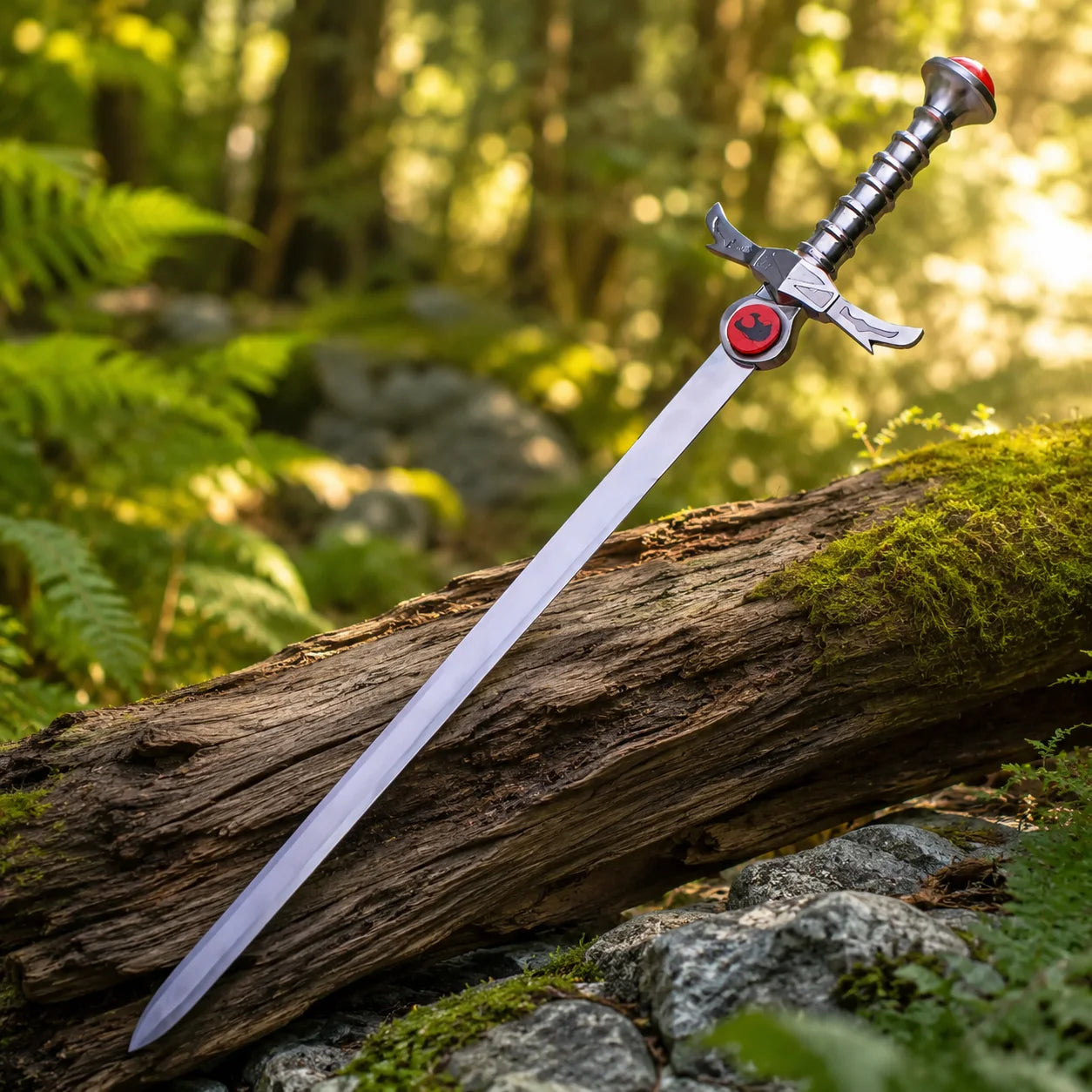 Lion-O Sword of Omens prop replica blade tip close-up on mossy rocks – ThunderCats display piece