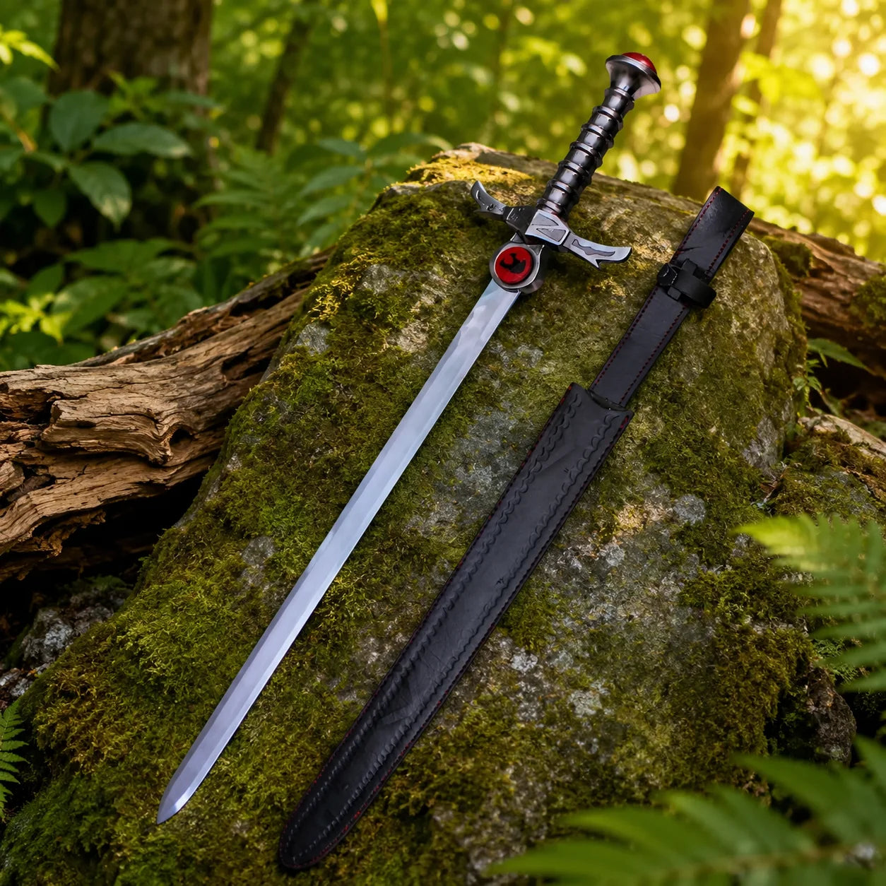 Eye of Thundera crossguard and red gem pommel close-up on Lion-O Sword of Omens prop replica