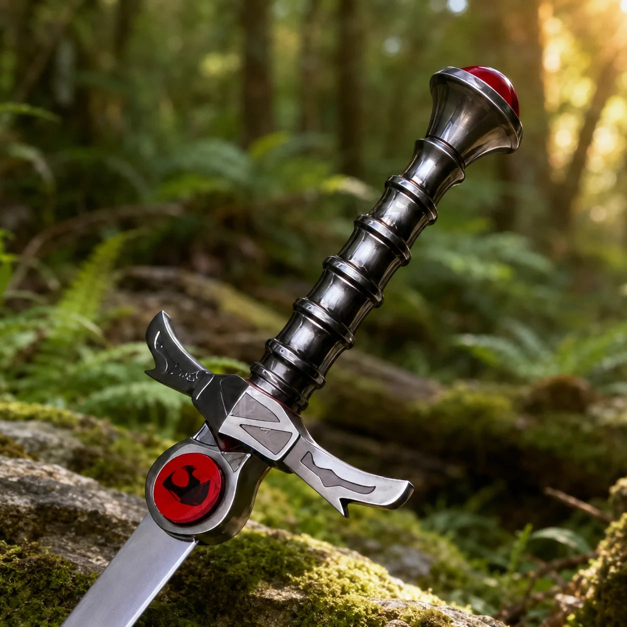 Lion-O Sword of Omens prop replica held in gloved hand in jungle – ThunderCats cosplay accessory