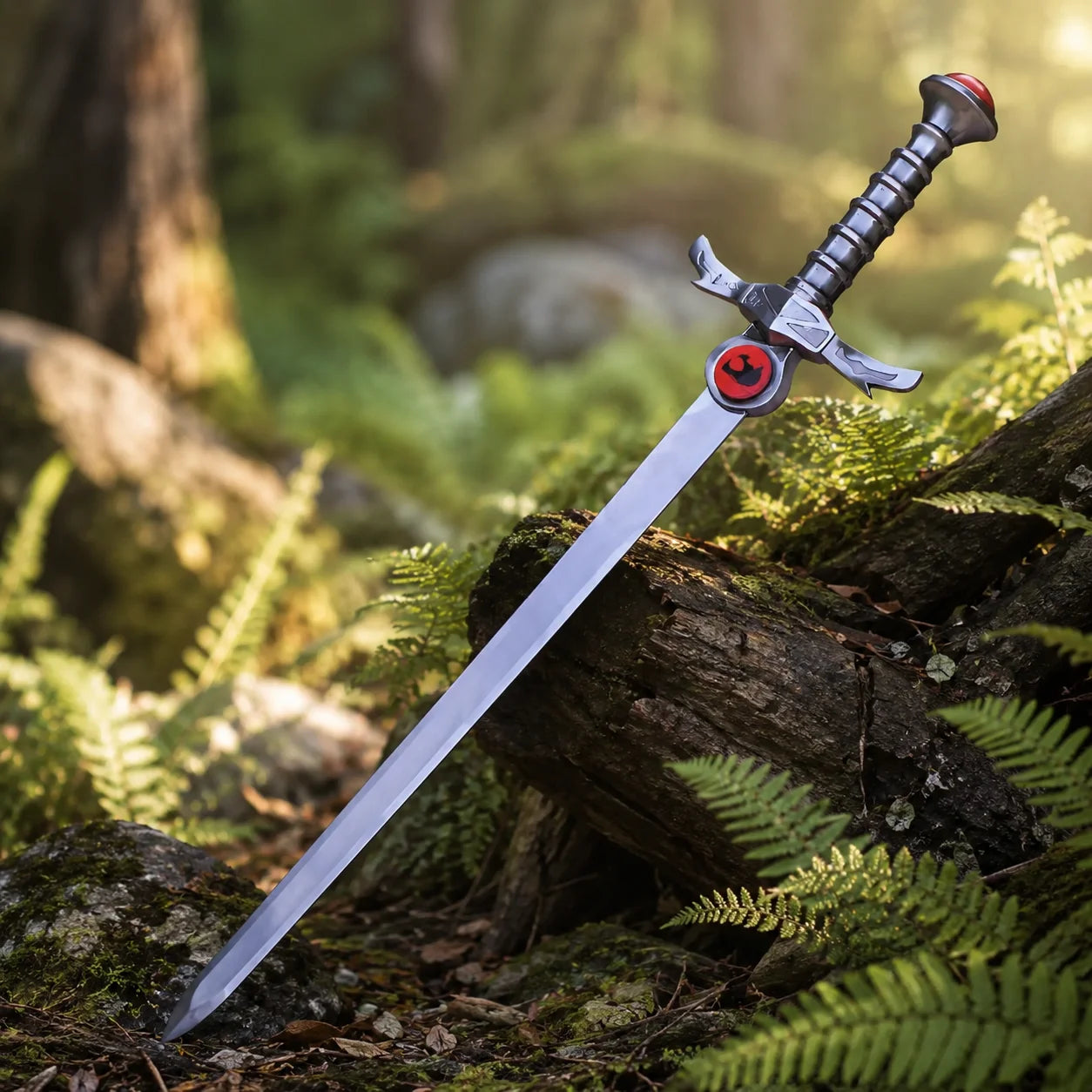 Lion-O Sword of Omens prop replica resting on mossy log alternate angle – ThunderCats fan gift