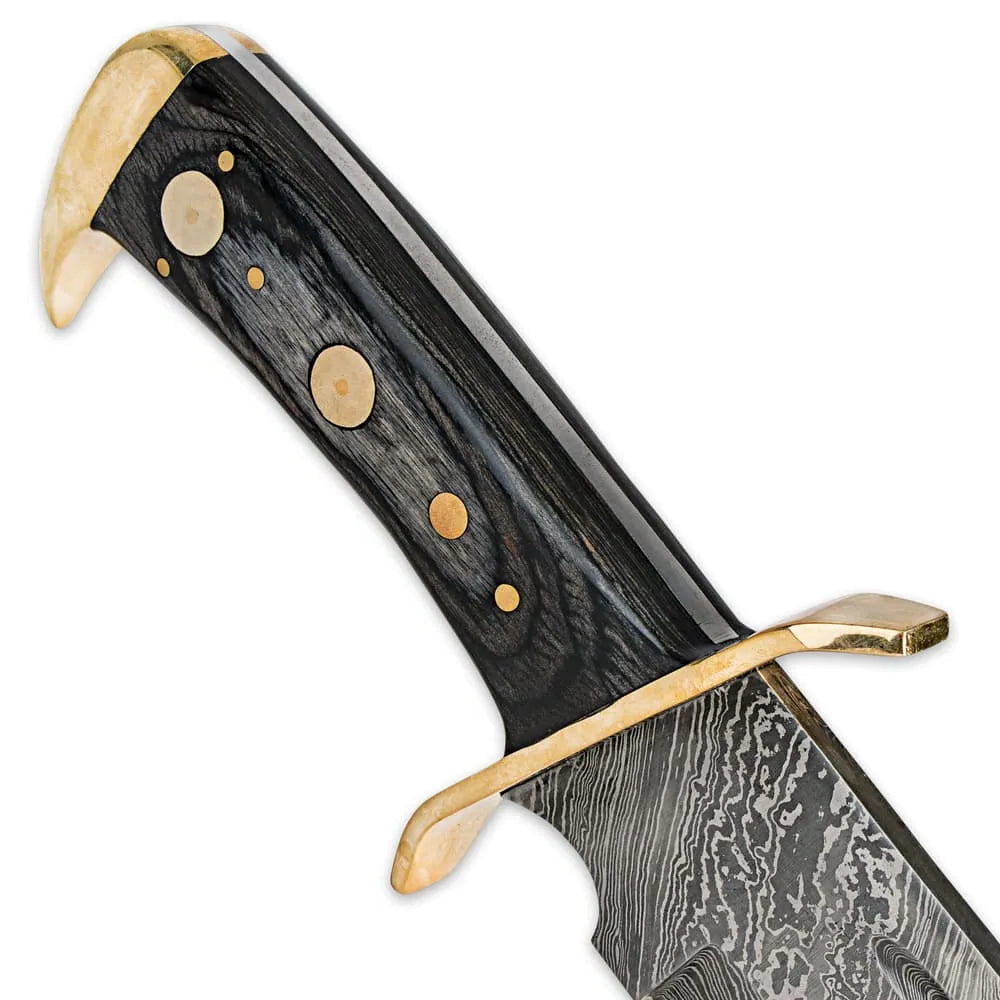 Timber Rattler western outlaw Damascus bowie knife with 11.375-inch blade and leather sheath for collection