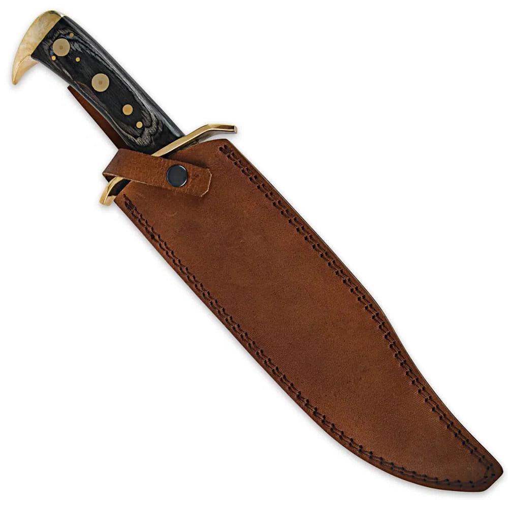 Timber Rattler western outlaw Damascus bowie knife with 11.375-inch blade and leather sheath for collection