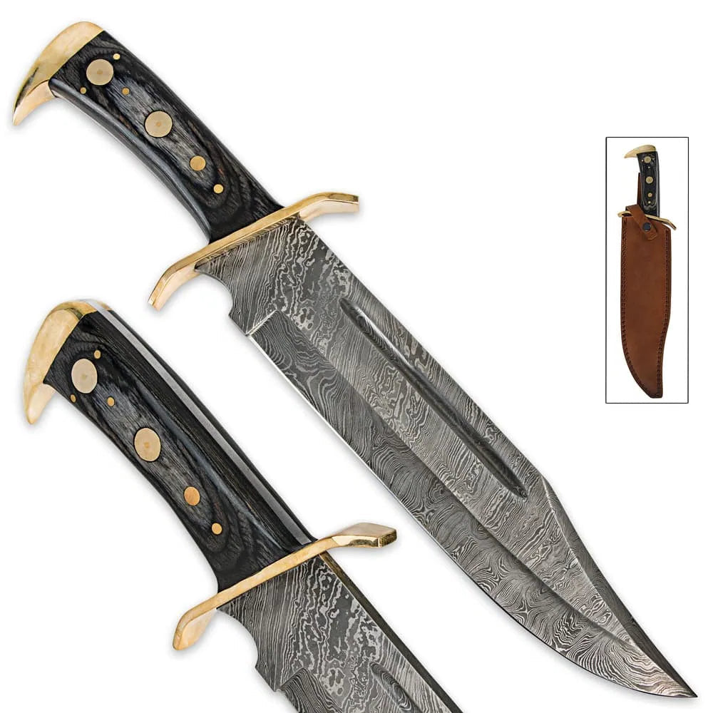 Timber Rattler western outlaw Damascus bowie knife with 11.375-inch blade and leather sheath for collection