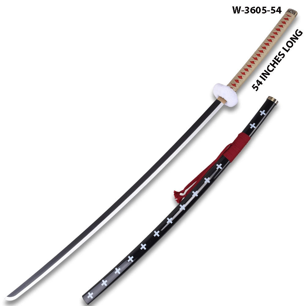 Close-up image of the Trafalgar Law Red Wood Nodachi collectible highlighting the traditional wrapped handle, decorative guard, premium wooden construction, elegant painted finish, and collector-quality craftsmanship inspired by One Piece.