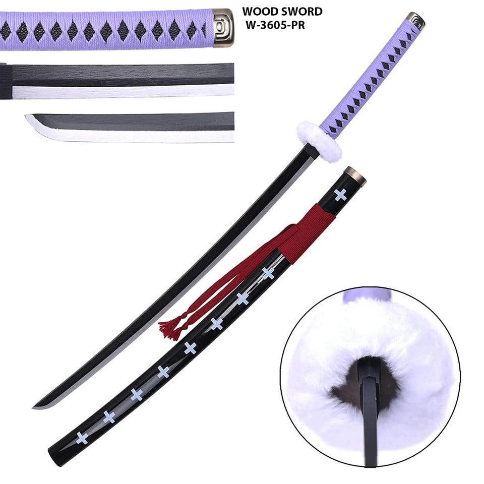 Elegant One Piece Trafalgar Law Kikoku Purple Wood Display Collectible with decorative dual-tone wood blade, premium plastic scabbard and detailed anime-inspired craftsmanship