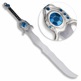 Tryndamere Freljord Sword prop replica League of Legends displayed leaning on mossy log in forest setting