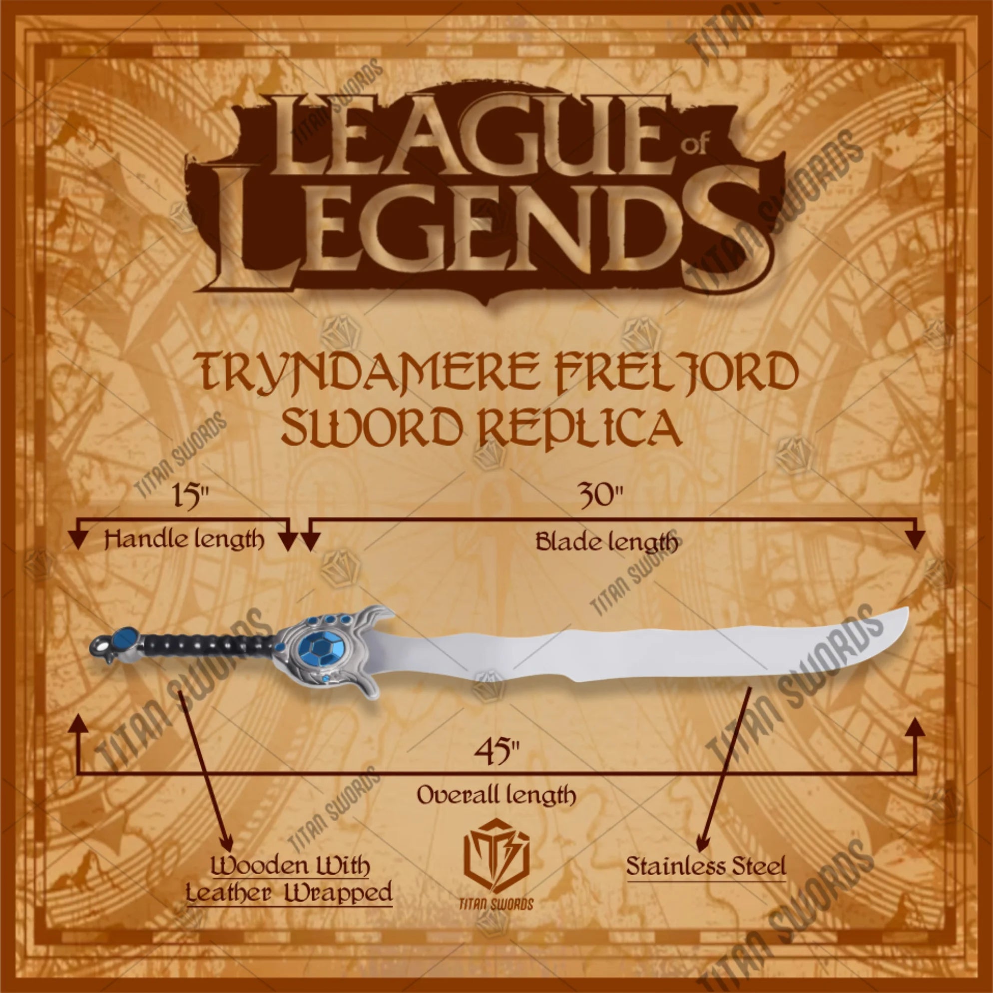 Premium Tryndamere Freljord Sword Replica League of Legends with stainless steel blade.