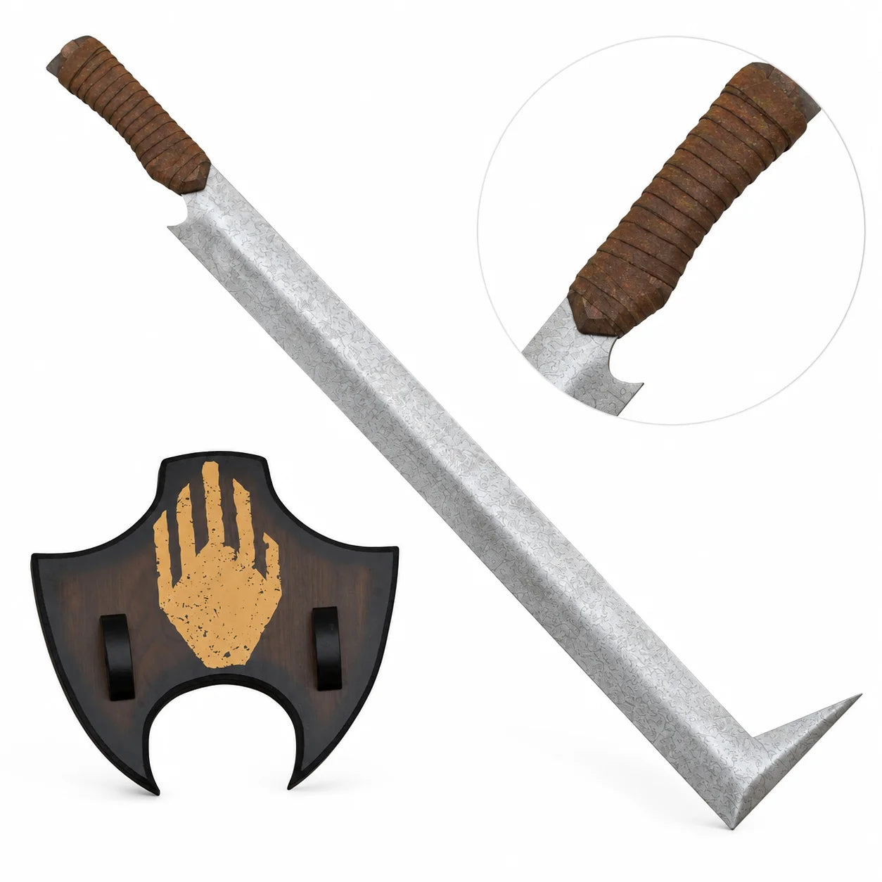 Uruk-hai scimitar prop replica full length on mossy rock with dark wood White Hand of Saruman wall plaque showing stone-wash crackle silver blade L-shaped angled tip and brown leather cord grip – LOTR display collectible