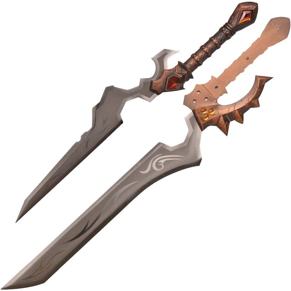 Close-up of Varian Wrynn Sword showing the textured grip, ornate guard, blue accents, and decorative blade finish