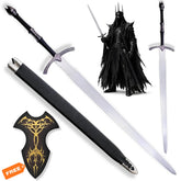 Witch King Nazgul sword LOTR prop replica with black scabbard and decorative wall display plaque