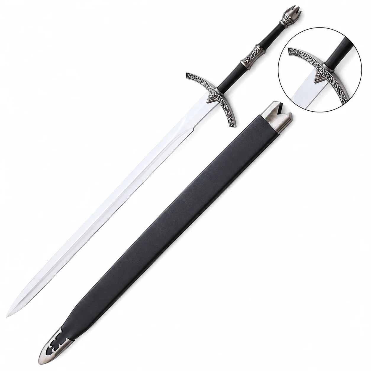 Witch-King of Angmar sword prop replica full length resting on mossy forest log with black scabbard in sunlit forest – LOTR Nazgûl display collectible