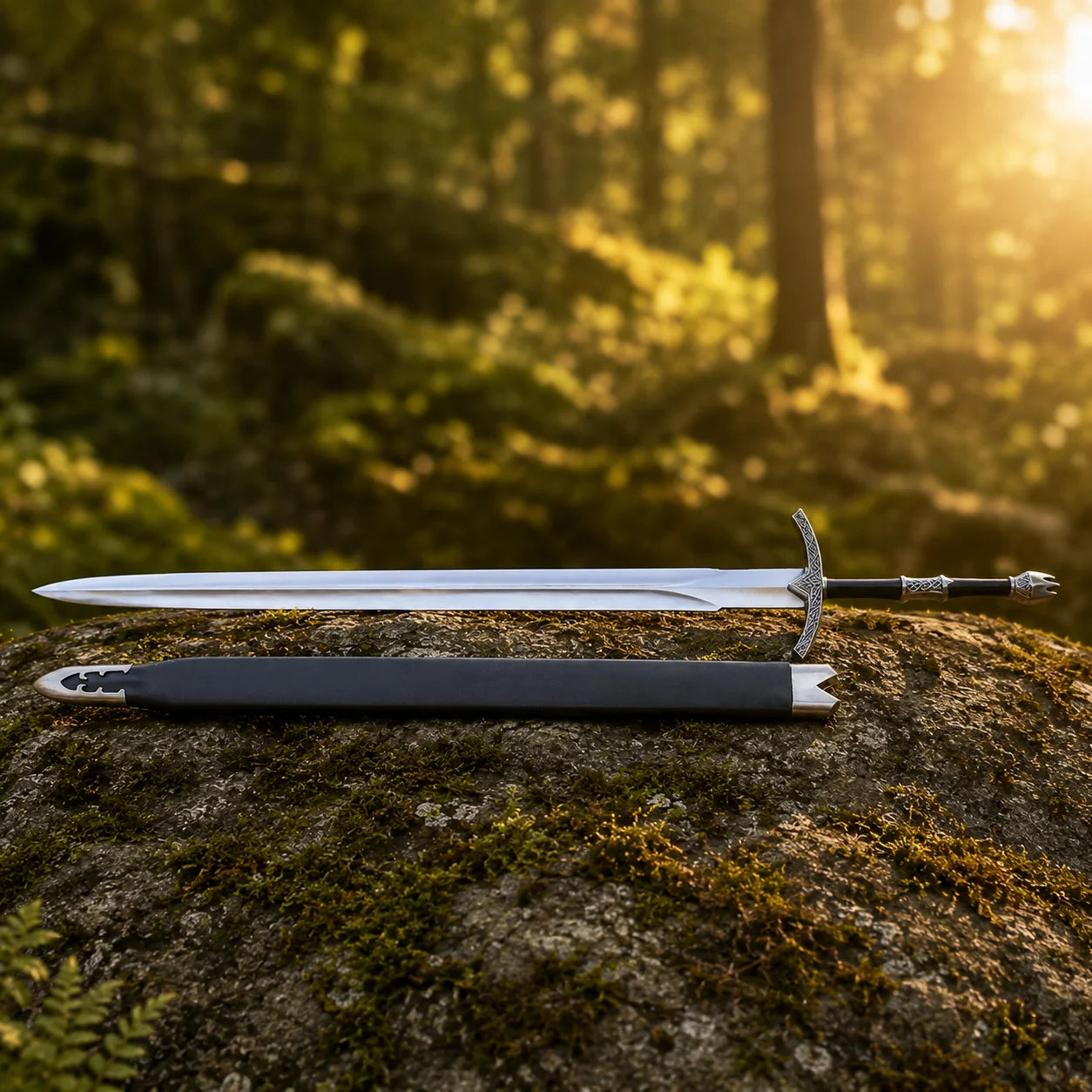 Witch-King sword prop replica full length with black scabbard on mossy forest rock side view in golden sunlight – Tolkien Nazgûl display collectible
