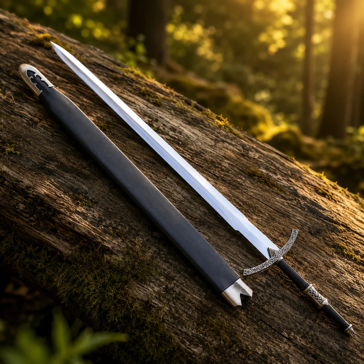 Close-up of Witch-King sword prop replica Celtic knotwork crossguard and claw pommel with black grip in golden bokeh – LOTR display collectible