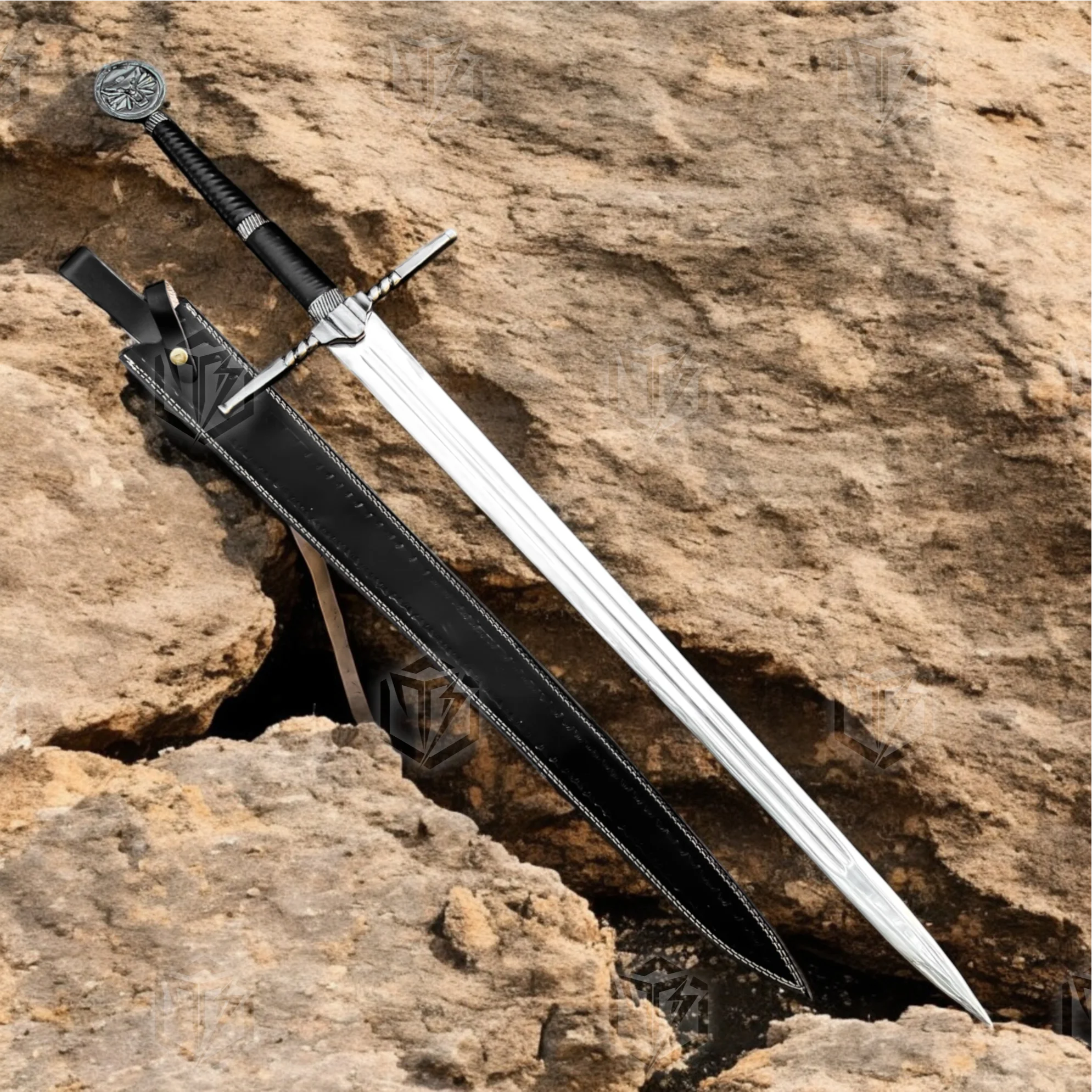 Premium Witcher Geralt’s Wolf Steel Sword Replica with Ebony Plaque Stand