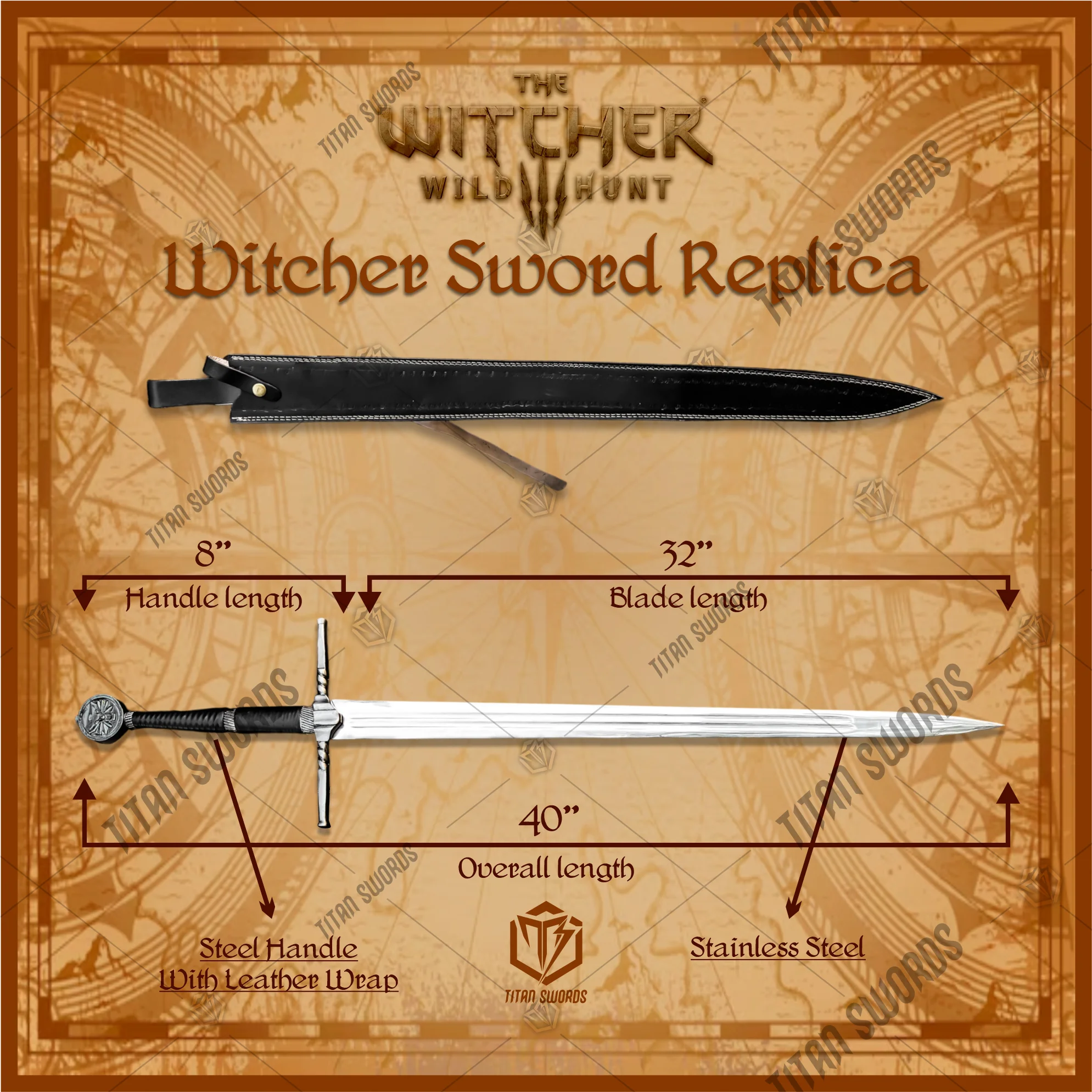 Premium Witcher Geralt’s Wolf Steel Sword Replica with Ebony Plaque Stand