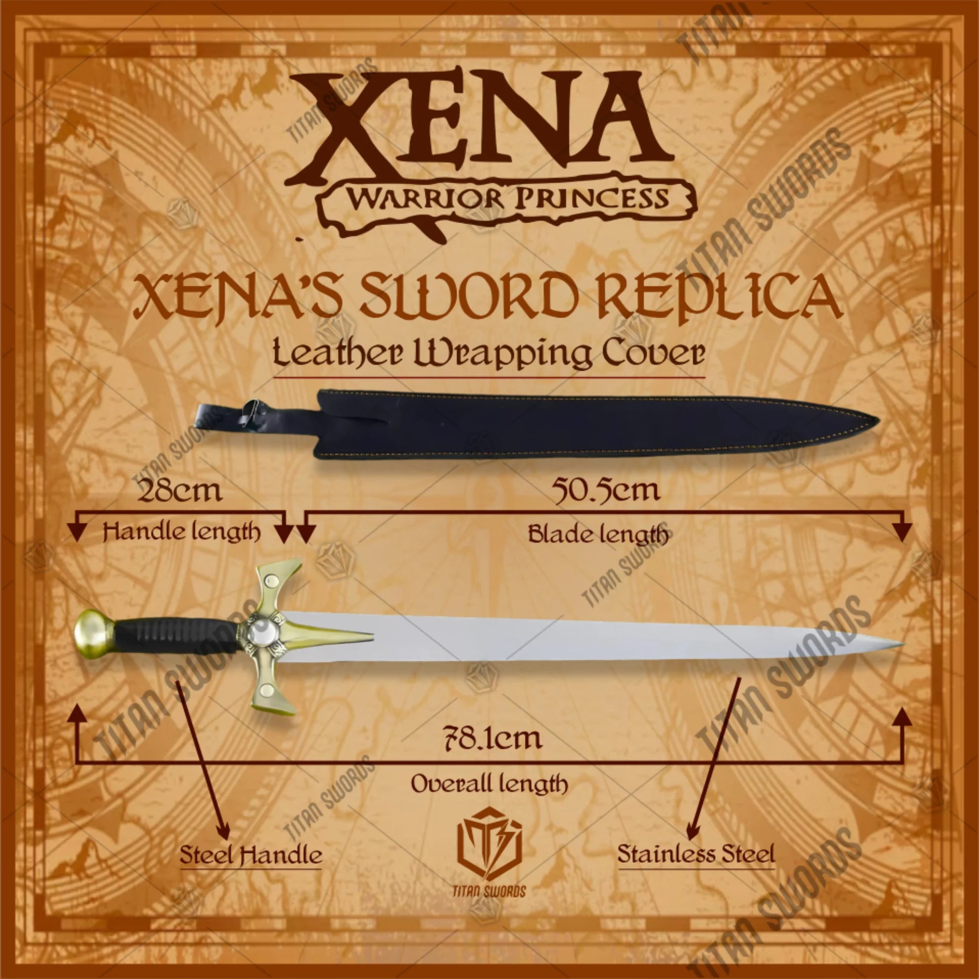 Premium Xena Warrior Princess Sword Replica with stainless steel blade.