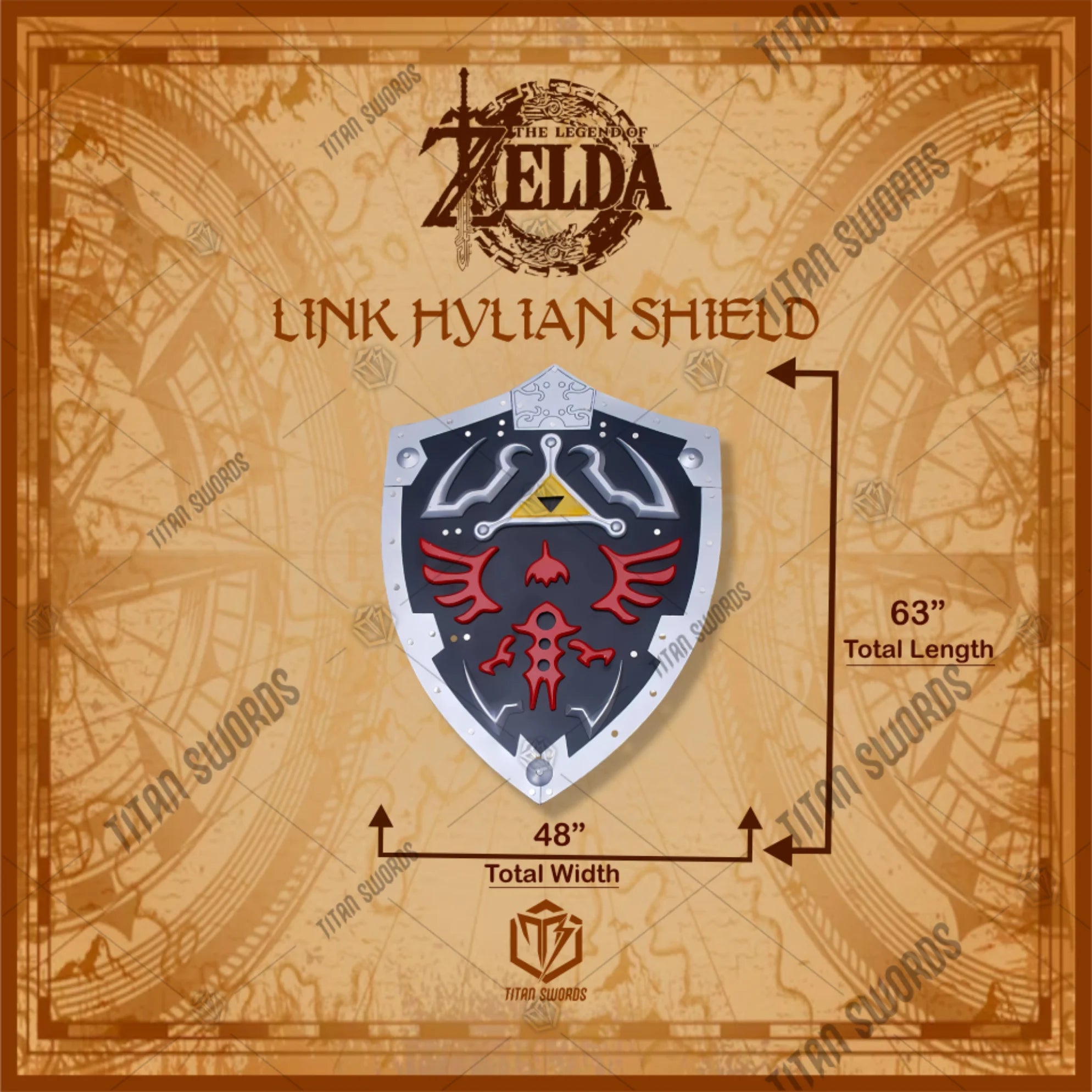 Premium Zelda Link Dark Hylian Shield Black Replica with Triforce engravings.