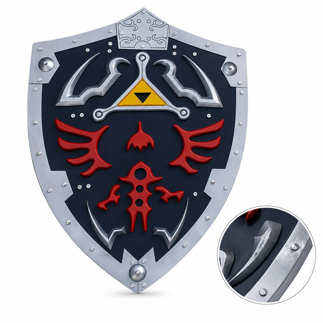 Zelda Hylian Shield fan-inspired collectible side angle showing Triforce emblem and red Hylian crest