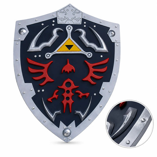Zelda Hylian Shield fan-inspired collectible side angle showing Triforce emblem and red Hylian crest