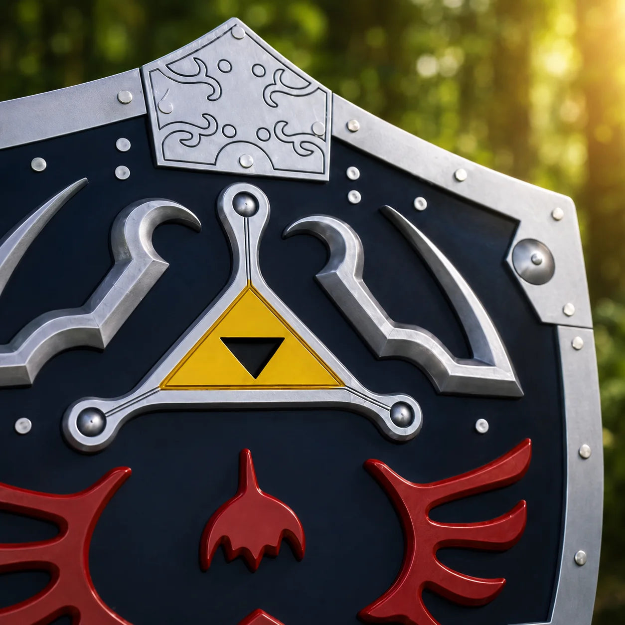 Zelda Hylian Shield collectible prop replica displayed outdoors – gaming room décor fan gift