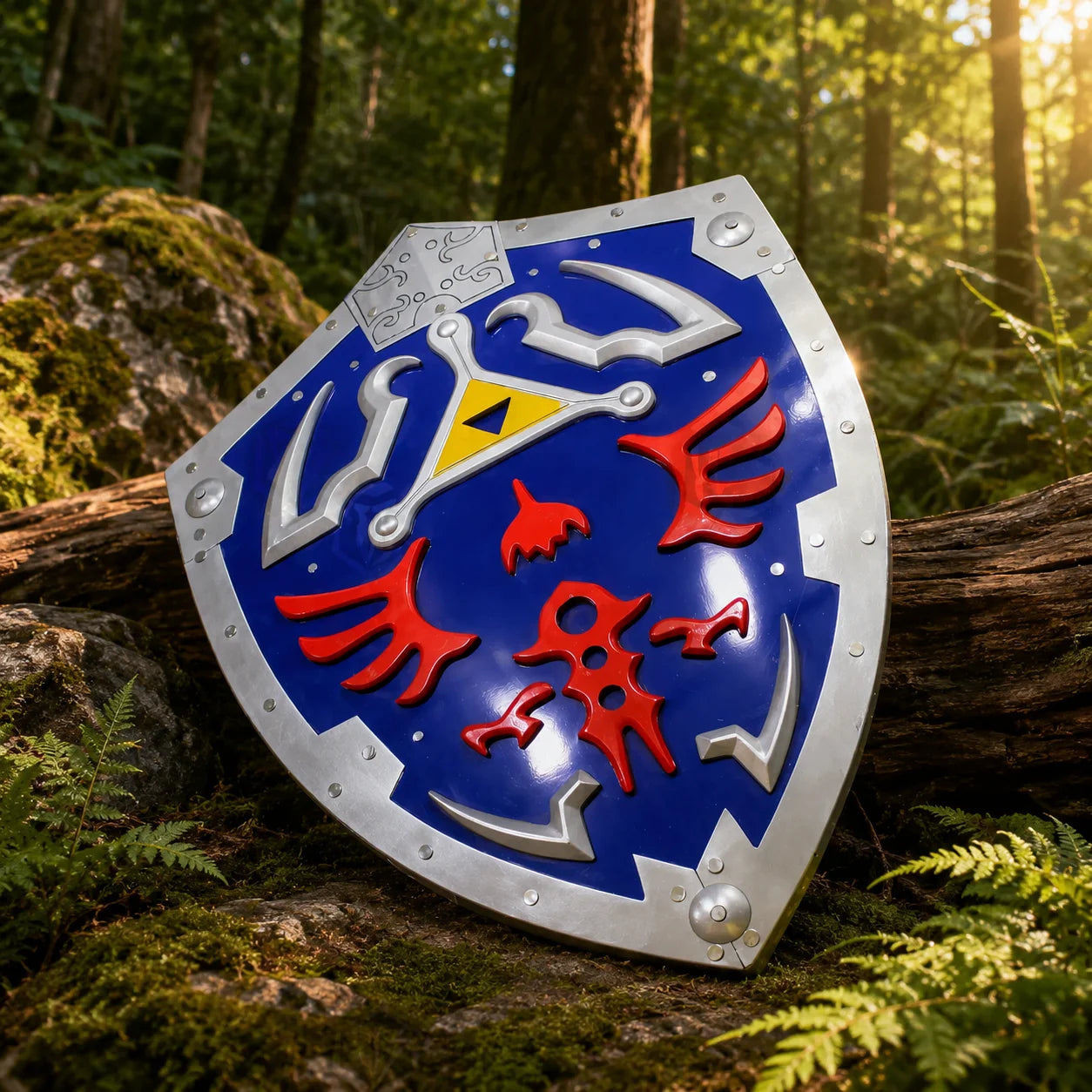 Zelda Hylian Shield prop replica front and back view showing ergonomic handle and leather strap