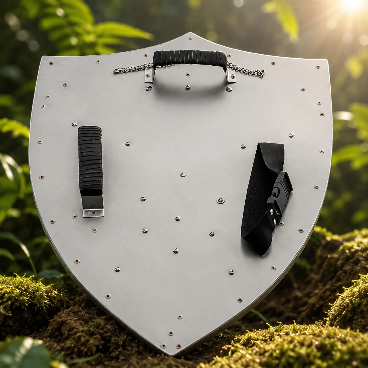 Side profile of Link's Hylian Shield prop replica showing full-metal depth and silver-tone border finish