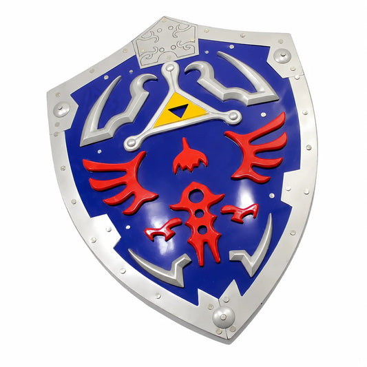 Link's Hylian Shield prop replica – close-up of Triforce emblem and Hyrule Crest enamel detail