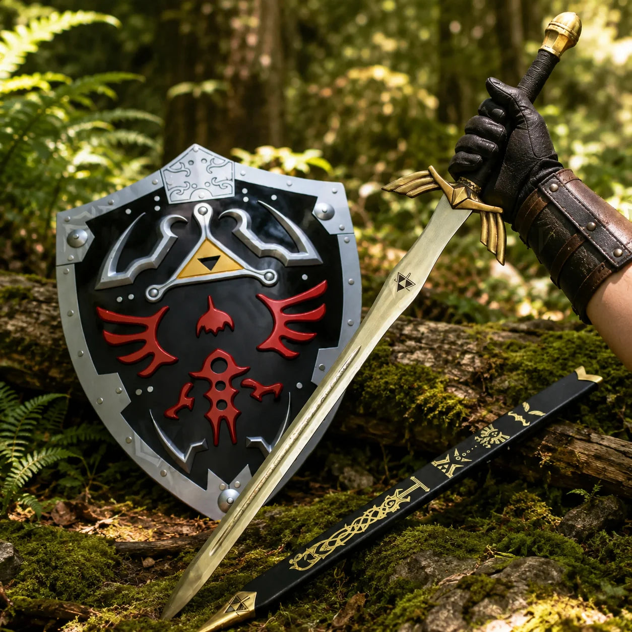 Zelda Link Dark Hylian Shield prop replica leaning on mossy rock with Master Sword – fan collectible