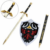 Link Master Sword prop replica blade close-up with Triforce engraving – Legend of Zelda display piece