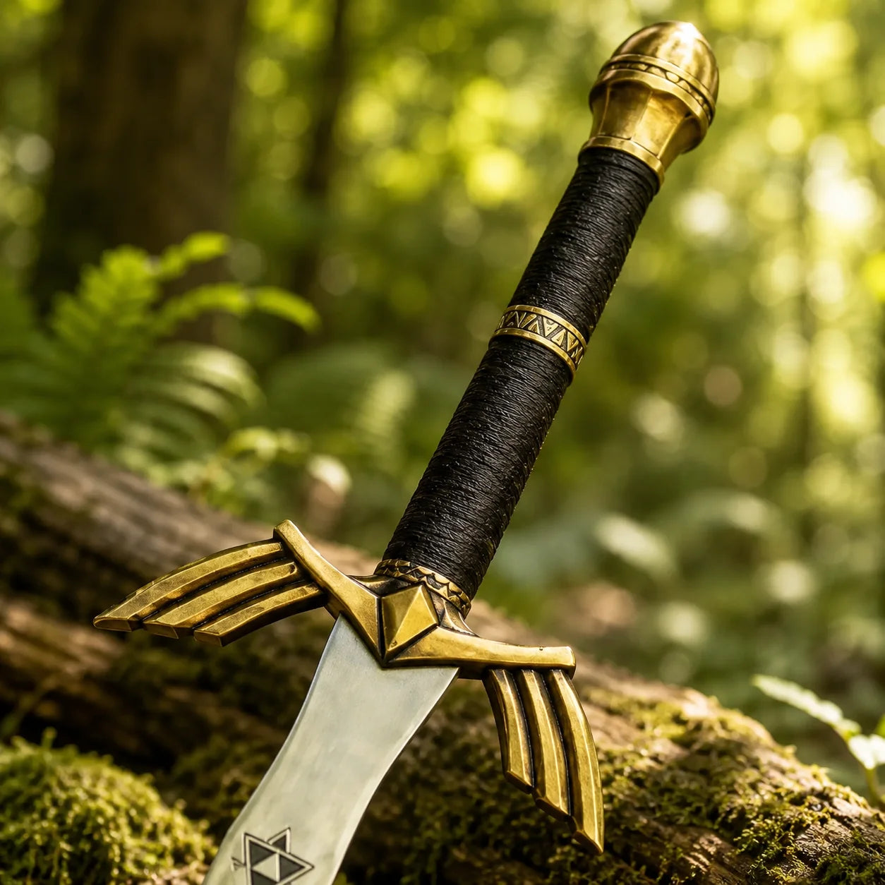 Link Master Sword prop replica with gold crossguard and Triforce symbol – Legend of Zelda display collectible
