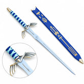 Zelda Link Skyward Sword Goddess Replica resting diagonally on a mossy rock with full blade and blue-wrapped handle visible